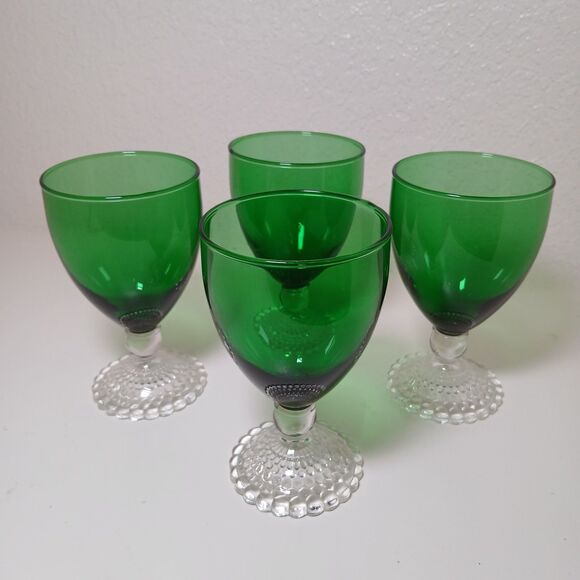 Vintage 1950s Anchor Hocking Bubble Foot Emerald Green Water Goblets Set of 4